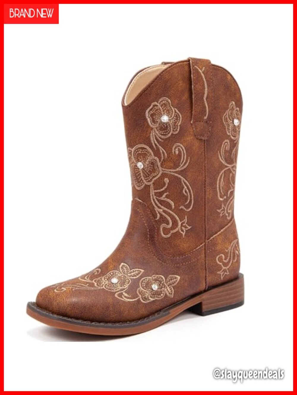 Girls Cowgirl Boots Floral Embroidery Rhinestone Square Toe Mid Calf Side